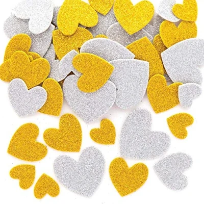 Image of Baker Ross AX309 Gold &amp; Silver Glitter Heart Foam Stickers Pack of 150, Kids Stickers, Ideal for Children&#039;s Arts and Crafts Projects, Great Card Making Scrapbooking