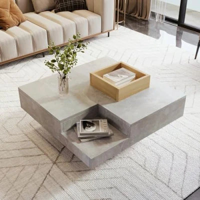 Image of Modern Coffee Table with Removable Wooden Storage Box Concrete Grey &amp; Wood Finish, 72x72x30 cm, Stylish Living Room Side Table, Compact and Sturdy Design