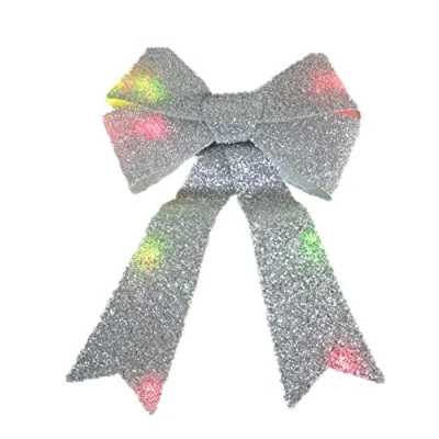 Image of Dazzling Silver Light Up Tinsel Decorative Bow 29 cm x 43 10cm (1 Pc.) Eye Catching Design Ideal Christmas Decor