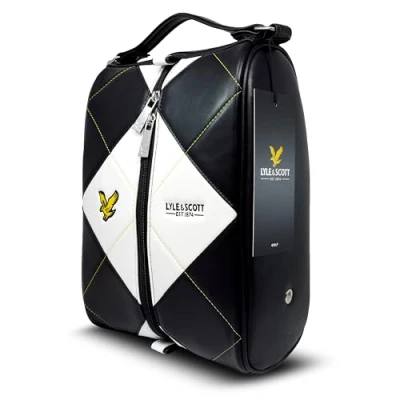 Image of Lyle and Scott Argyle Premium Leather Shoe Bag for Golf Shoes Stylish Accessories with Side Breather Vents, Embroidered Branding, Durable Zip, Embossed Eagle Zippers, Carty Handle, 35x23x16cm