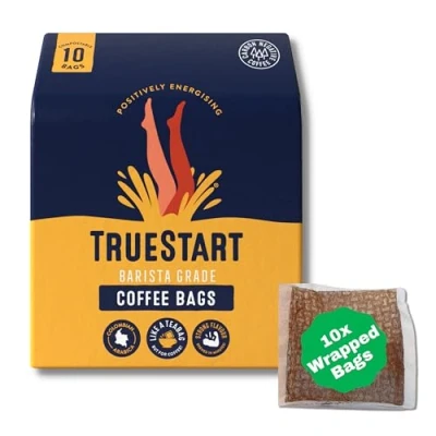 Image of TrueStart Wrapped 10 Coffee Bags Energising Colombian Arabica, Quick Brew Bag, Biodegradable in Recyclable Pouch, Little for Travel