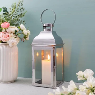 Image of JHY DESIGN Stainless Steel Lanterns, 32cm High Candle Holders with Tempered Glass Candlesticks for Garden Indoor Outdoor Parties Weddings Vintage Hanging (Silver)