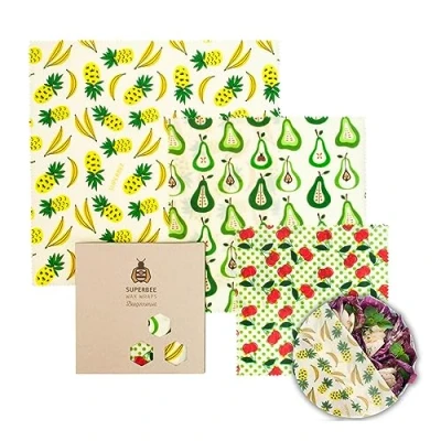 Image of SUPERBEE Beeswax Wrap for Food, Set of 3 Bees Wax Wraps, Reusable Paper Wrapping Vegetables, Cheese Paper, Bowl Covers and Sandwich Food Wraps Size S/M/L