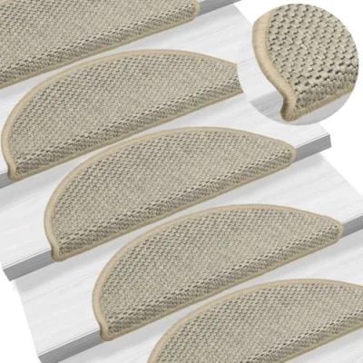 Image of vidaXL Grey Stair Mats Self Adhesive, Sisal Look, Sound Dampening, Washing Friendly, 15 Piece Set, Durable Fabric Blend 56x17x3 cm