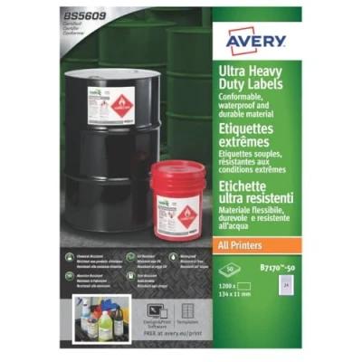 Image of Avery B7170 50 Extra Strong Adhesive, Ultra Heavy Duty Industrial Waterproof GHS Labels, 24 Labels Per A4 Sheet
