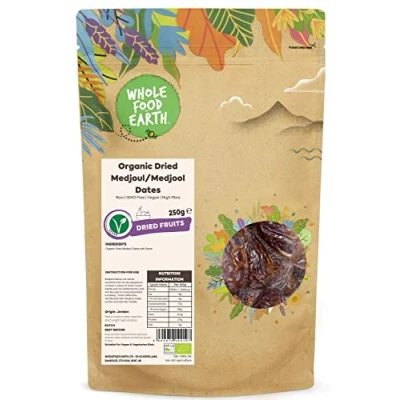 Image of Wholefood Earth Organic Dried Medjoul/Medjool Dates 250g Raw GMO Free Vegan High Fibre Certified