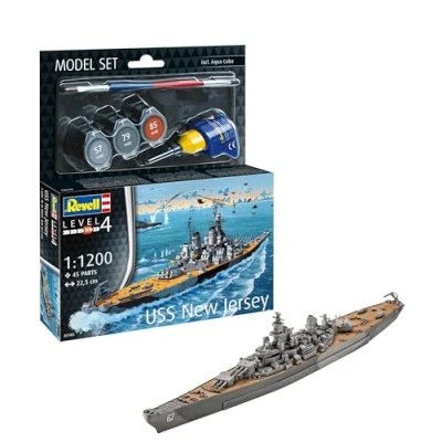 Image of Revell Model Set 65183 Battleship USS New Jersey 1:1200 Scale Unbuilt/Unpainted Plastic Kit with Contacta Professional Glue, Paintbrush &amp; Selected Aqua Color Paints