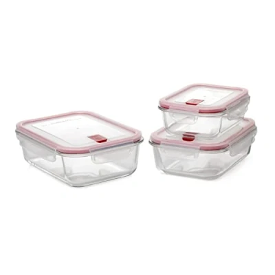 Image of TATAY Set of 3 Cook and Eat Food Lunch Boxes, Glass, Airtight, Clip Lid, BPA Free, Microwave, Oven, Freezer Dishwasher Safe, Colour Red. Size: 23.5 x 18.5 14 cm