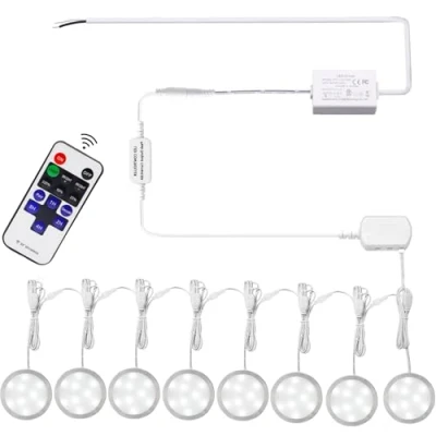 Image of AIBOO Linkable Under Cabinet LED Lighting 12V Slim Aluminum Dimmable Puck Lights Direct Wired with RF Remote Control for Kitchen Lighting(8pack Daylight White)