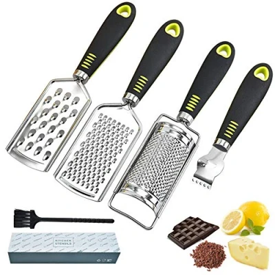 Image of Cheese Grater Zester for Kitchen Set of 4, Parmesan Tool, Nutmeg Lemon Hand Held Fine, Mini Stainless Steel Rind with Soft TPR Handle Garlic Ginger Daikon