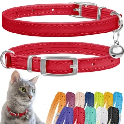Image of CollarDirect Leather Cat Collar, Safety Collar with Elastic Strap, Kitten for Bell Black Blue Red Orange Lime Green (Neck Fit 6&quot; 7&quot;, Red)