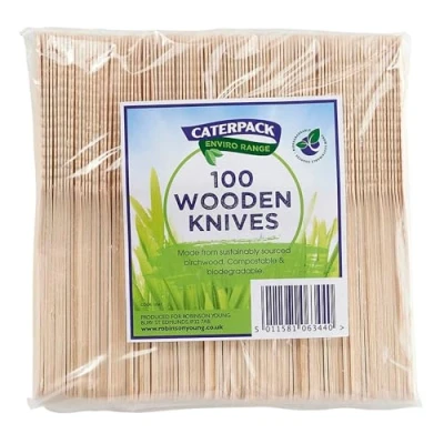 Image of Caterpack Enviro Range Wooden Knives Made from sustainably sourced Birchwood, compostable and Biodegradable, 100 Pack