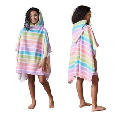 Image of Dreamscene Towel Poncho for Kids, Soft Absorbent Quick Dry Rainbow Stripe Beach Changing Robe Pool Travel Hooded Towels Lightweight Boys Girls Oversized Swimming Towels, Multi