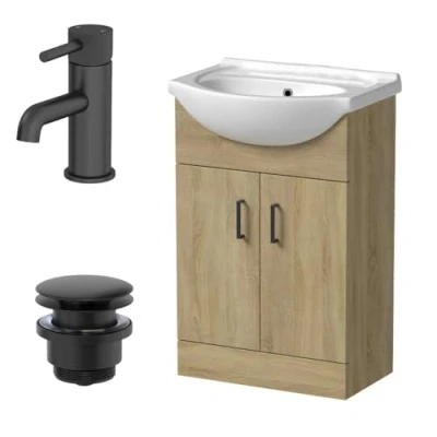 Image of Affine® 560mm Bathroom Vanity Unit Ceramic Sink Floorstanding Storage Cabinet Cupboard &amp; Black Fluted Basin Tap Waste Set, Oak Effect