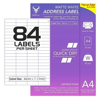 Image of 84 Labels Per A4 Sheet, 50 Sheets 4200 Sticky Label, Printable Sticker Paper, iSOUL Matte Self Adhesive Address Mailing, Shipping, Postage, Laser &amp; Inkjet Printer Compatible [QuickDry]