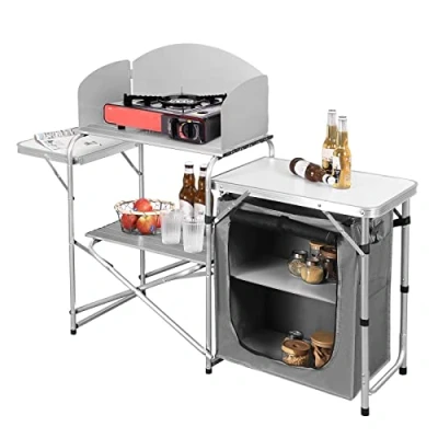 Image of WOLTU Folding Camping Cupboards Table with Carrying Bag and Storage Organiser, Picnic Easy Store Roll up Tabletop Collapsible Outdoor for Garden Patio BBQ Party, White + Grey