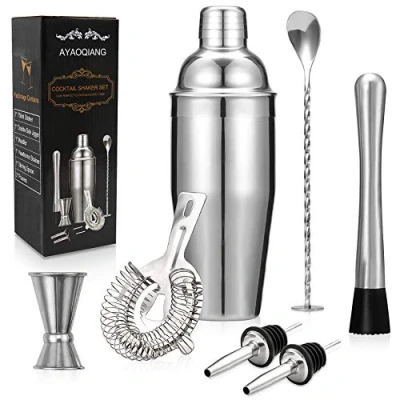Image of Cocktail Shakers Set,7 Pieces Making Kit,Cocktail Shaker Set 750ml Stainless Steel Bar Tool Bartender Kit with Double Jigger,Muddler,Strainer,Pourers,Mixing Spoon