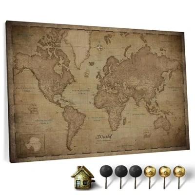 Image of Canvas World Map with Cork Pin Board English Lettering Decorative Wall Decoration for All Rooms Pictures Motif (70x50 cm, Pattern 11)