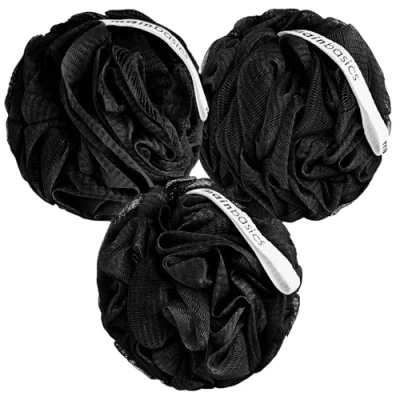 Image of MainBasics Bath Shower Loofah Sponge Pouf Body Wash Scrubber (Set of 3) (Triple Black)