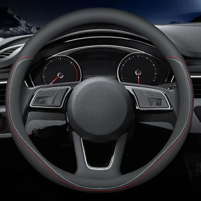 Image of Carodi Latest Nappa Leather car Steering Wheel Cover, Stylish Non Slip Interior 15 inches Universal（Black）