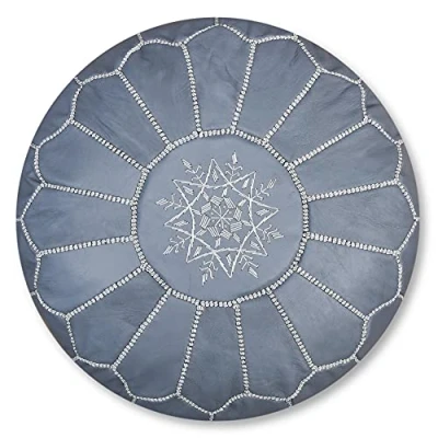 Image of Artisanal Moroccan Leather Pouffe Handmade Delivered stuffed Ottoman, footstool, floor cushion (Grey)