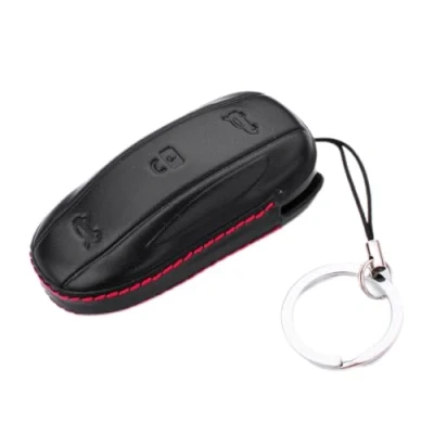Image of M.JVisun Men Women Genuine Leather Key Fob Cover For Tesla Model X, Car Remote Case with Keychain X Black