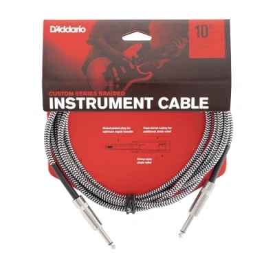 Image of D’Addario Accessories Custom Series Braided Guitar Cable Instrument with Nickel Plated ¼ Inch Ends Protects Cord Against Cuts, Kinking 10 feet Grey