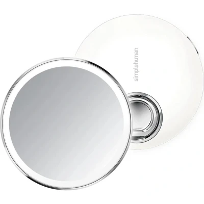 Image of simplehuman ST3042 10cm Sensor Mirror Compact, Light Up Makeup Magnifying Mirror, 3x Magnification, Tru Lux System, Ring Handle, 3 Brightness Settings, Rechargeable, White Stainless Steel