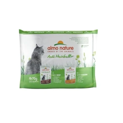 Image of almo nature Functional Anti Hairball Multipack Complete Wet Cat Food 3 pouches with Beef/3 Chicken, (pack of 6 x70g)