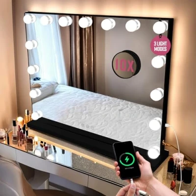 Image of GloBrite Hollywood Mirror with 15 Dimmable LED Bulbs 3 Colour Light Modes &amp; 10x Magnification, Touch Screen, USB Charging, Up Mirror, No Assembly Needed, Vanity Lights Black
