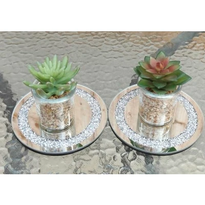 Image of L A EagleWiz Set of 2 CRUSHED JEWELS DIAMANTE MIRRORED CANDLE PLATE CENTREPIECE 15cm