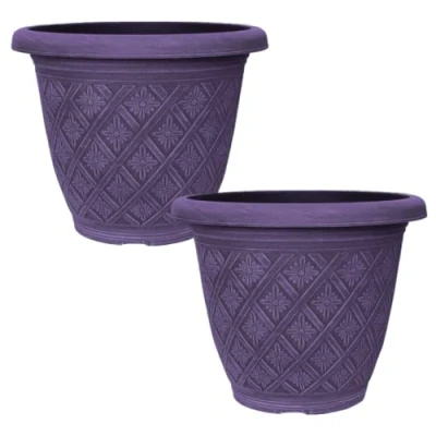 Image of Fyne Finds Set of 2 Round 33cm Garden Plant Pot Woven Flower Outdoor Deco Planter Frost Proof, Weatherproof, Drainage Hole (Purple)