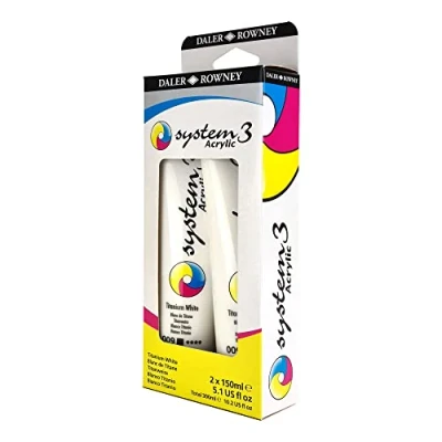 Image of Daler Rowney System3 150ml Titanium White Acrylic Paint Twin Pack Set, Vibrant Colours, Multi Surface, Ideal for Professional Artists &amp; Students