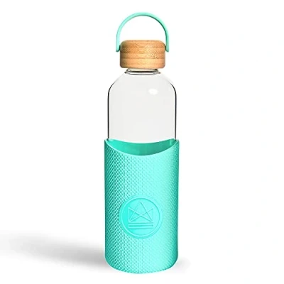 Image of Neon Kactus Glass Water Bottle Clear with Bamboo Lid and Silicone Sleeve Reusable for Hot &amp; Cold Drinks Leakproof, Non Permeable, Slip Free Spirit, 1000ml