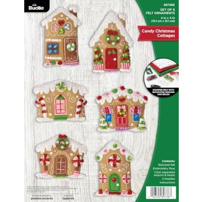 Image of Bucilla, Felt Applique 6 Piece Ornament Making Kit, Candy Christmas Cottages, Perfect for DIY Arts and Crafts