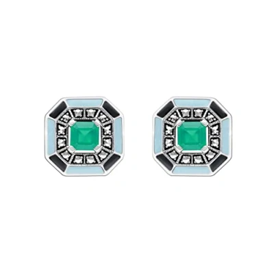 Image of Esse Marcasite Sterling Silver Square Cut Green Chalcedony &amp; Enamel detailed Art Deco Stud Earrings
