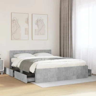 Image of vidaXL Bed Frame with Headboard Concrete Grey Engineered Wood 160x200 cm Slatted Base Storage Drawers Bedroom Furniture