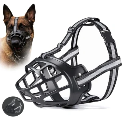 Image of Black Dog Muzzle for Large Breed Adjustable Dogs Muzzles Xl Bully Breathable Basket Muzzle,Soft Silicone with Reflective Strip to Prevent Biting Barking Chewing,Dogs Can Drink(S）
