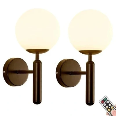 Image of Mid Century Battery Operated Wall Sconces Set of 2, Not Hardwired Lights, White Glass Globe Lamps, Wireless Fixture for Bedroom, Bathroom, Living /Dining Room, Vanity, Hallway, Stairs ( Colo