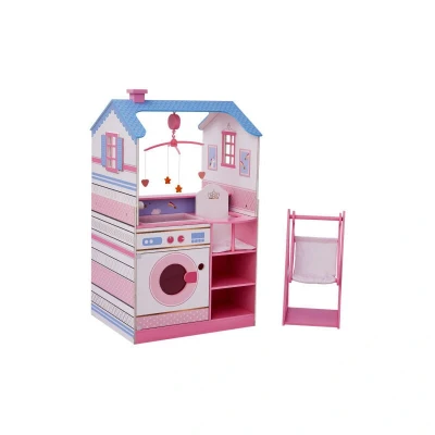 Image of Olivia&#039;s Little World Classic Doll House Baby Changing Station with Crib, High Chair, Sink, Washing Machine and Separate Swing for dolls up to 18 in., Multi