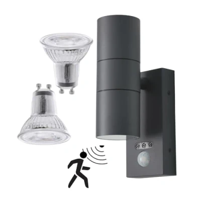 Image of LITECRAFT Kenn Outdoor Up &amp; Down Wall Light with PIR Motion Sensor LED Bulbs (Anthracite)