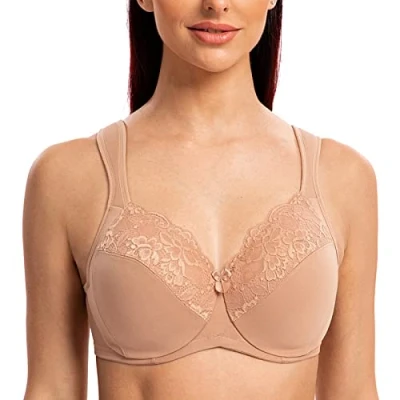Image of MELENECA Women&#039;s Minimizer Bra Full Coverage Plus Size Underwire Lace Comfort Cushion Strap Cappuccino 38D