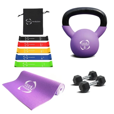 Image of MonsterShop Home Strength Training Bundles Dumbbells+ Kettlebell + Yoga Mat Resistance Bands 5kg Dumbbell 8kg