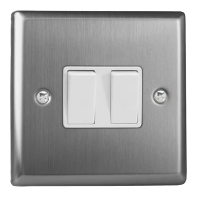 Image of Varilight XT77W Classic Brushed Steel 2 Gang 10A Intermediate Rocker Light Switch