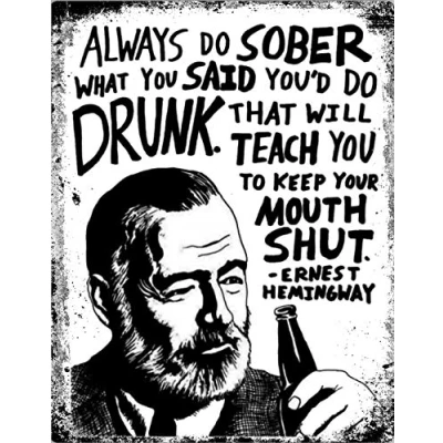 Image of Ernest Hemingway Sober Drunk Quote Drinking Beer Vintage Retro Man Cave Bar Pub Shed Novelty Gift Aluminium Metal Tin Wall Décor Sign