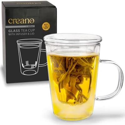 Image of Creano Tea Glass 400 ml Large Cup with Strainer and Lid An Ideal Maker
