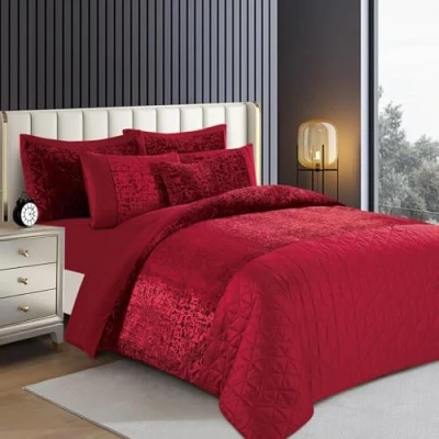 Image of Householdfurnishing Luxury Crushed Velvet 3 Pieces Duvet/Quilt Cover Set Bedding With Pillowcases (Red, King)