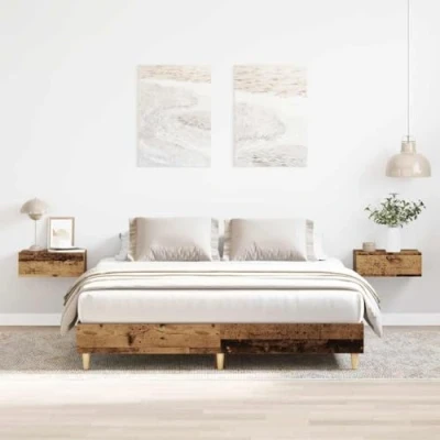 Image of vidaXL double bed frame/no mattress engineered wood 140x200 cm, old wood, stability &amp; durability, modern, suitable for bedroom