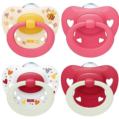 Image of NUK Signature Day &amp; Night Baby Dummy 6 18 months Soothes 95% of Babies Heart Shaped BPA Free Silicone Soothers Glow in the Dark Hearts 4 Count