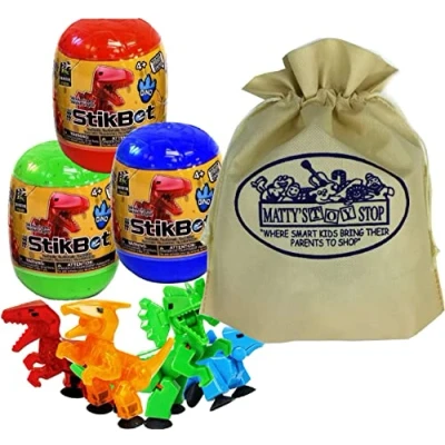 Image of Hog Wild StikBot Dinosaur (Dino) Mystery Egg Figures Gift Set Bundle with Exclusive Matty&#039;s Toy Stop Storage Bag 3 Pack (Assorted)